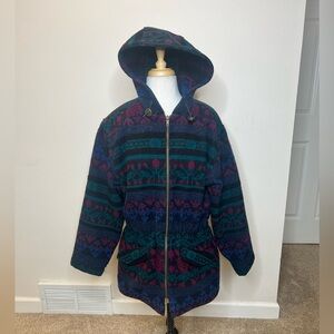 Vintage Woolrich Aztec Print Wool Coat Hooded Women's S Stunning 80's 90's